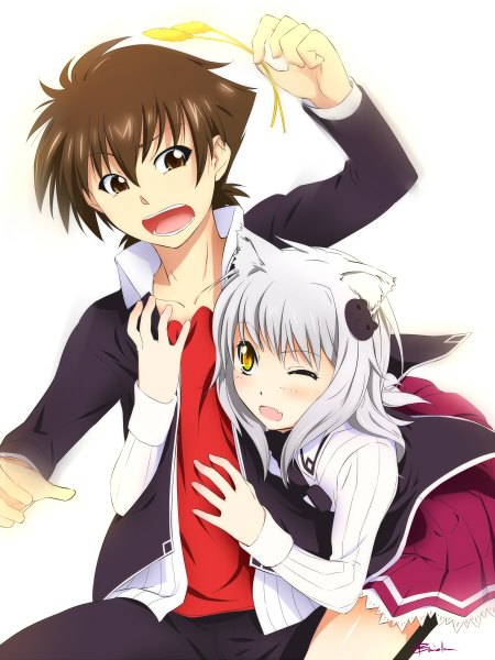 Anime picture 900x1200 with highschool dxd toujou koneko hyoudou issei baiola (pixiv) tall image blush fringe short hair breasts open mouth simple background brown hair white background brown eyes signed animal ears yellow eyes looking away silver hair one eye closed