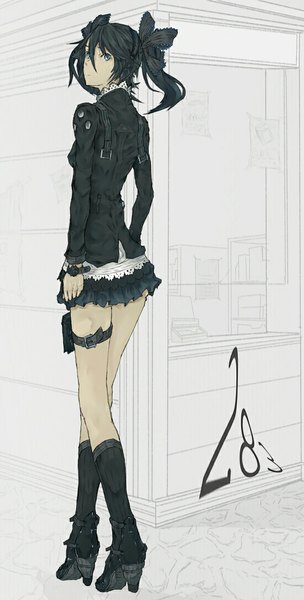 Anime picture 550x1084 with original tazuma (u283) single tall image blue eyes black hair simple background twintails looking away high heels sketch girl thighhighs ribbon (ribbons) hair ribbon miniskirt socks jacket belt hairband