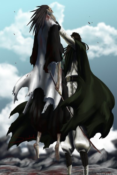 Anime picture 859x1280 with bleach studio pierrot zaraki kenpachi juha bach sentork long hair tall image brown hair signed sky cloud (clouds) coloring torn clothes spiked hair gotei choking boy uniform weapon sword