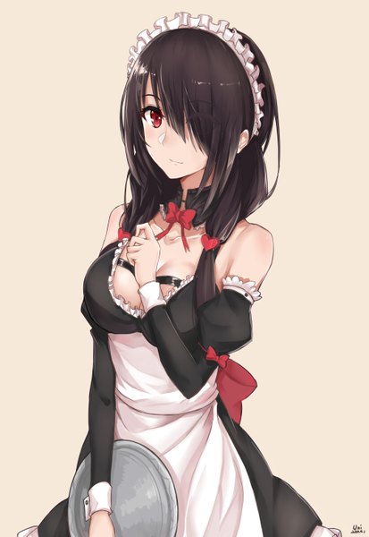 Anime picture 2000x2900 with date a live tokisaki kurumi unique (pixiv12704744) single long hair tall image looking at viewer blush fringe highres breasts light erotic black hair simple background red eyes large breasts standing twintails bare shoulders holding