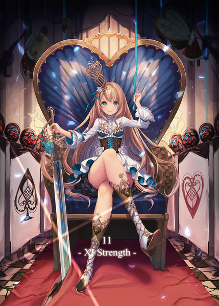 Anime picture 1072x1500 with original yu-ri single long hair tall image looking at viewer blue eyes light erotic blonde hair sitting holding full body bent knee (knees) arm up high heels crossed legs wavy hair lacing checkered floor floor