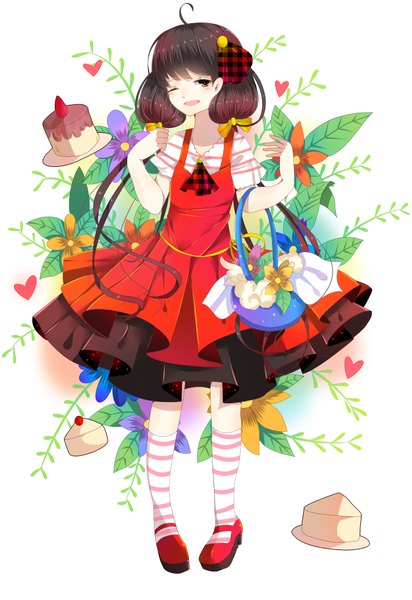 Anime picture 2708x3937 with original tadatsu single long hair tall image looking at viewer highres open mouth black hair smile twintails brown eyes one eye closed wink girl dress flower (flowers) bow hair bow socks