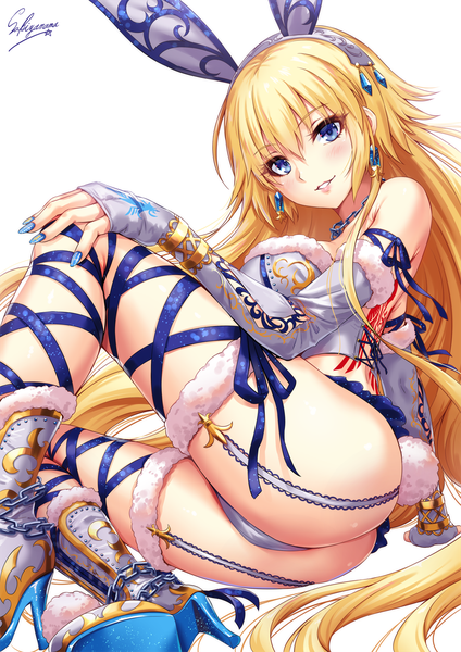 Anime picture 1000x1414 with fate (series) fate/grand order jeanne d'arc (fate) (all) jeanne d'arc (fate) sakiyamama single long hair tall image looking at viewer blush fringe breasts blue eyes light erotic blonde hair simple background smile hair between eyes large breasts white background
