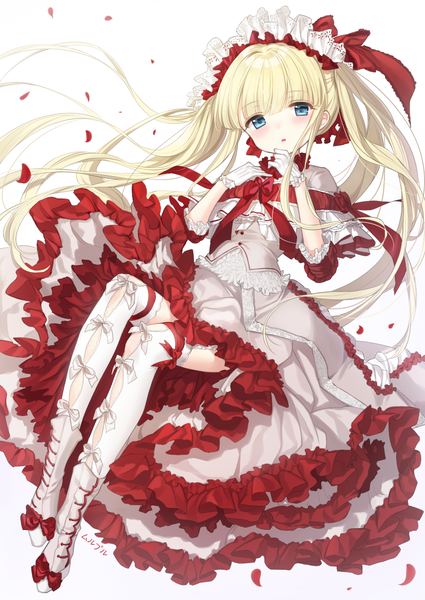 Anime picture 1000x1412 with original haruri single long hair tall image looking at viewer blush fringe blue eyes simple background blonde hair white background twintails loli frilled dress girl thighhighs dress gloves petals