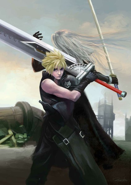 Anime picture 1240x1754 with final fantasy vii advent children final fantasy final fantasy vii square enix cloud strife sephiroth hf zilch long hair tall image short hair blue eyes blonde hair grey hair multiple boys back to back weapon over shoulder boy gloves weapon sword