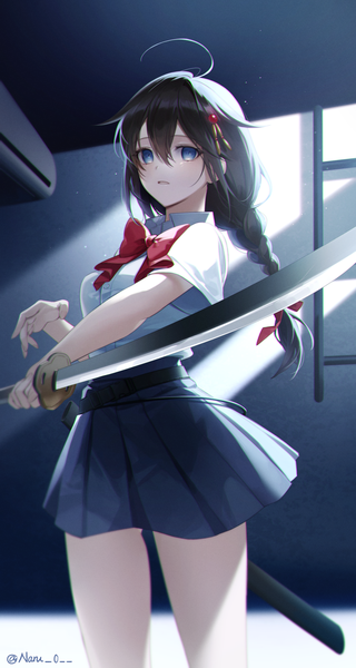 Anime picture 1600x2998 with kantai collection shigure destroyer naru single long hair tall image looking at viewer fringe blue eyes black hair hair between eyes standing signed payot ahoge braid (braids) parted lips short sleeves twitter username single braid