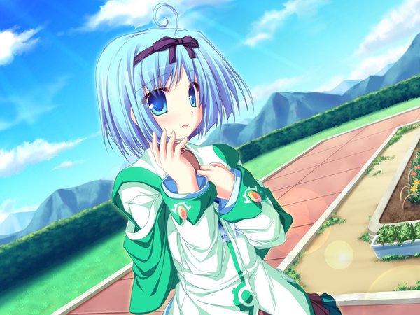 Anime picture 1600x1200 with magus tale whirlpool (studio) kujou yuuka tenmaso single blush short hair open mouth blue eyes blue hair game cg sky cloud (clouds) ahoge mountain girl uniform ribbon (ribbons) hair ribbon school uniform