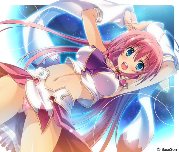 Anime picture 3583x3031 with koihime musou doga kobo choukaku shinozuka atsuto single long hair looking at viewer blush highres breasts blue eyes light erotic pink hair absurdres scan official art girl navel underwear panties