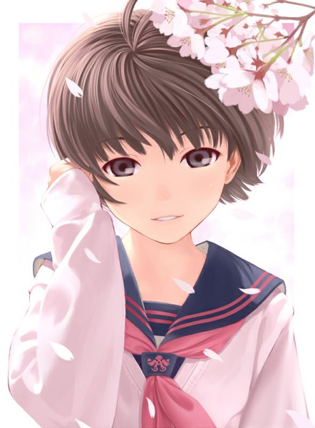 Anime picture 590x800 with idolmaster idolmaster (classic) kikuchi makoto nekopuchi single tall image looking at viewer fringe short hair brown hair ahoge parted lips light smile grey eyes cherry blossoms adjusting hair girl uniform flower (flowers) plant (plants)