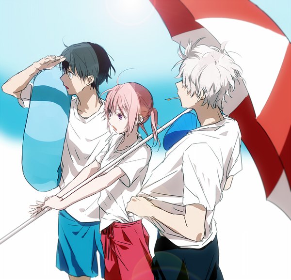 Anime picture 808x779 with gintama sunrise (studio) sakata gintoki kagura (gintama) shimura shinpachi urahara short hair open mouth black hair twintails pink hair silver hair ahoge profile pink eyes from above from behind multiple boys beach short twintails