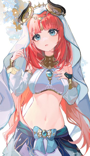 Anime picture 3538x6110 with genshin impact nilou (genshin impact) yutou (yutou75) single long hair tall image highres blue eyes absurdres red hair head tilt horn (horns) midriff girl navel detached sleeves veil