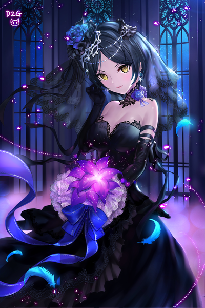 Anime picture 2000x3000 with idolmaster idolmaster cinderella girls hayami kanade ttaji (pass35) single tall image looking at viewer blush highres short hair breasts black hair smile bare shoulders signed yellow eyes cleavage indoors parted lips head tilt