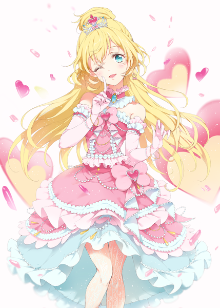 Anime picture 2039x2852 with aikatsu! aikatsu stars! shiratori hime nghrstst single long hair tall image fringe highres open mouth blonde hair head tilt one eye closed aqua eyes wink girl dress gloves pantyhose elbow gloves