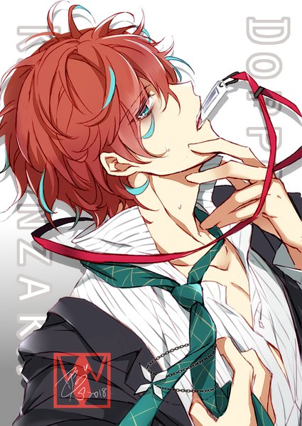 Anime picture 600x846 with hypnosis mic kannonzaka doppo tsuki usagi single tall image looking at viewer short hair holding upper body red hair profile aqua eyes character names mouth hold boy necktie id card