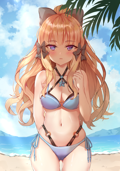 Anime picture 1240x1754 with princess connect! re:dive princess connect! saren (princess connect!) amanoyui single long hair tall image looking at viewer blush fringe breasts open mouth blue eyes light erotic blonde hair large breasts standing payot sky cleavage