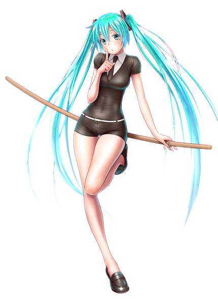 Anime picture 715x1000 with houseki no kuni vocaloid hatsune miku wokada single tall image looking at viewer blush fringe simple background hair between eyes standing white background twintails holding full body very long hair head tilt aqua eyes aqua hair