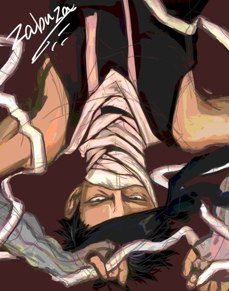 Аниме картинка 1100x1400 с наруто studio pierrot naruto (series) momochi zabuza один (одна) высокое изображение смотрит на зрителя короткие волосы чёрные волосы подписанный чёрные глаза надпись вверх ногами мужчина маска бинт (бинты) бандана