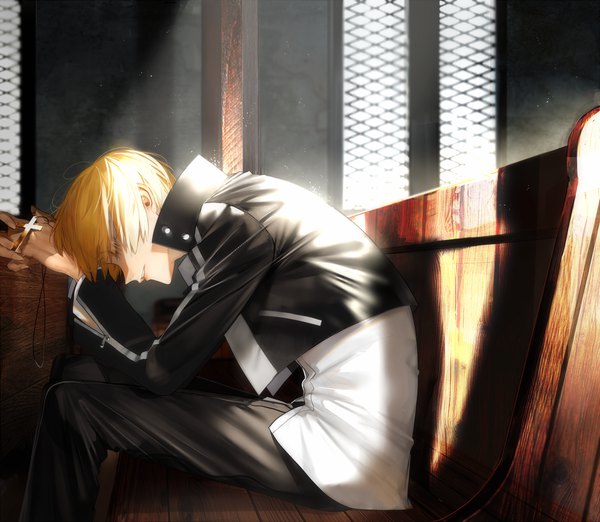 Anime picture 1500x1307 with fate (series) fate/stay night gilgamesh (fate) gilgamesh (immoral biker jacket) (fate) au (d elite) single short hair blonde hair sitting holding indoors eyes closed parted lips profile sunlight open jacket shadow leaning leaning forward popped collar
