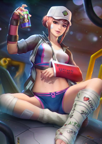 Anime picture 2480x3508 with overwatch blizzard entertainment d.va (overwatch) meka (overwatch) shooting star d.va nudtawut thongmai single tall image looking at viewer fringe highres short hair breasts light erotic red eyes brown hair sitting holding payot bent knee (knees)