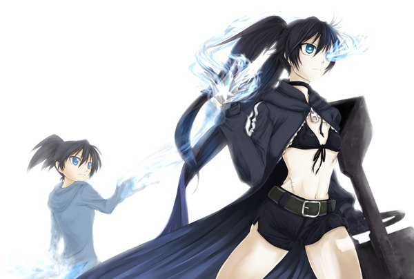 Anime picture 2823x1903 with black rock shooter black rock shooter (character) kuroi mato mitsuki shion long hair highres blue eyes black hair twintails multiple girls looking back from behind midriff glowing scar glowing eye (eyes) girl weapon 2 girls choker