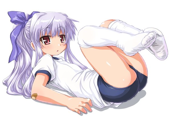Anime picture 1425x1000 with os-tan 3.1-tan dd (ijigendd) single long hair looking at viewer blush light erotic simple background red eyes white background silver hair ponytail lying :o on back no shoes girl uniform bow