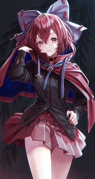 Anime picture 1570x2950 with touhou sekibanki torinari (dtvisu) single tall image looking at viewer fringe short hair hair between eyes red eyes red hair pleated skirt hand on hip girl skirt bow hair bow miniskirt collar red skirt