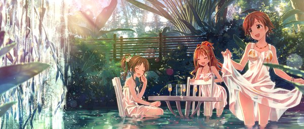 Anime picture 1920x817 with idolmaster idolmaster cinderella girls honda mio takamori aiko hino akane (idolmaster) yuuki tatsuya long hair blush highres short hair breasts open mouth light erotic smile wide image standing sitting multiple girls looking away outdoors