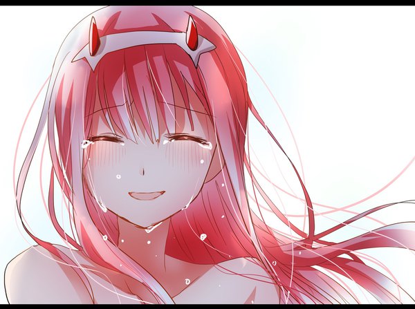 Anime-Bild 2048x1527 mit darling in the franxx studio trigger zero two (darling in the franxx) yamei single long hair blush fringe highres simple background smile hair between eyes white background pink hair eyes closed horn (horns) wind tears letterboxed face