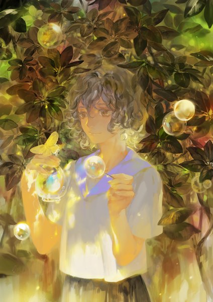 Anime picture 1000x1414 with original noir (ibaraki) single tall image fringe short hair yellow eyes light smile grey hair wavy hair soft beauty girl plant (plants) insect butterfly bubble (bubbles)