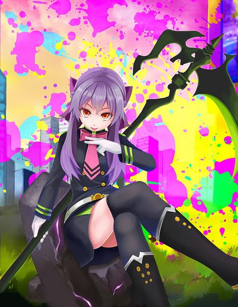 Anime picture 700x901 with owari no seraph wit studio hiiragi shinoa look single long hair tall image looking at viewer fringe simple background sitting purple hair orange eyes crossed legs girl thighhighs skirt gloves uniform bow