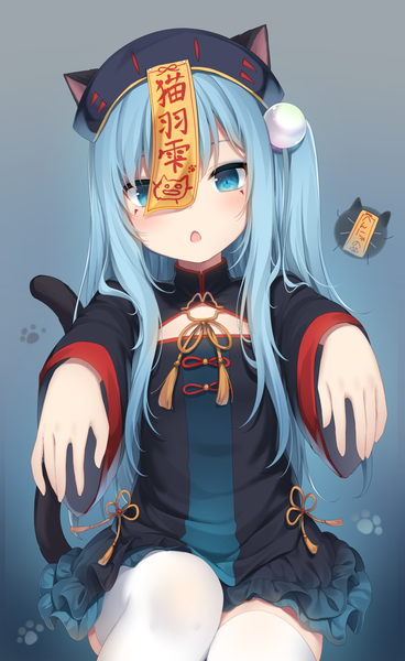 Anime picture 1000x1631 with original nekoha shizuku nachi single long hair tall image looking at viewer blush fringe open mouth blue eyes simple background sitting animal ears payot blue hair tail head tilt animal tail cat ears