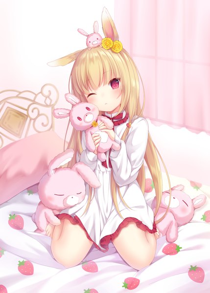 Anime picture 1300x1818 with original nachi single long hair tall image looking at viewer blonde hair red eyes one eye closed food print strawberry print girl dress bed toy stuffed animal stuffed toy stuffed rabbit