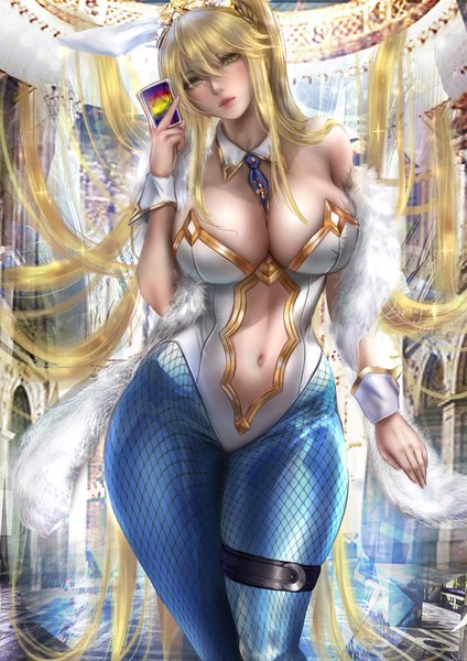 Anime picture 2475x3500 with fate (series) fate/grand order artoria pendragon (all) artoria pendragon (swimsuit ruler) (fate) donyta single tall image looking at viewer blush fringe highres breasts light erotic blonde hair hair between eyes large breasts standing holding signed animal ears