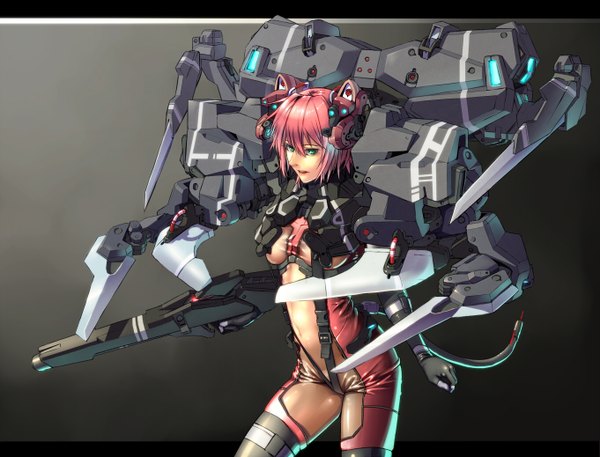 Anime picture 1361x1038 with original tkln single looking at viewer short hair light erotic green eyes pink hair mechanical girl gloves navel bodysuit