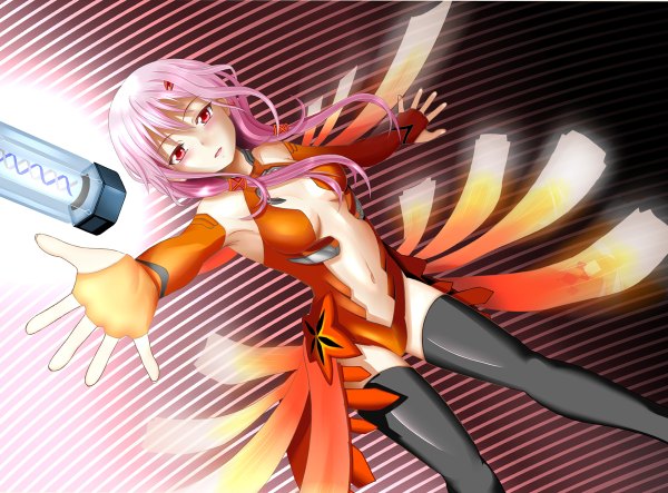 Anime picture 1200x886 with guilty crown production i.g yuzuriha inori miyabi (miyabi) single long hair blush breasts open mouth light erotic red eyes pink hair armpit (armpits) spread arms center opening girl thighhighs gloves navel hair ornament