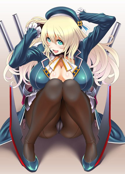 Anime picture 719x1000 with kantai collection atago heavy cruiser pierre norano single long hair tall image looking at viewer blush breasts open mouth blue eyes light erotic blonde hair sitting cleavage full body open clothes open shirt huge breasts symbol-shaped pupils