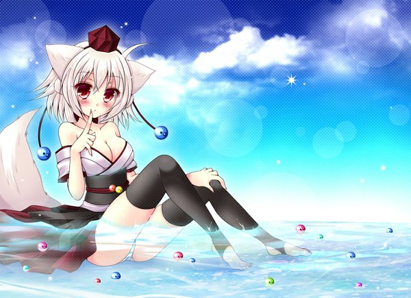Anime picture 1108x805 with touhou inubashiri momiji meiya neon single looking at viewer blush short hair light erotic red eyes sitting bare shoulders sky cleavage silver hair cloud (clouds) finger to mouth striped wolf ears wolf tail wolf girl