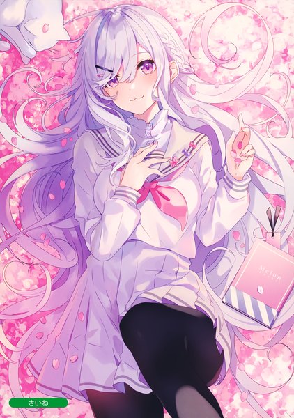 Anime picture 2490x3539 with melonbooks saine single tall image looking at viewer fringe highres smile hair between eyes signed white hair lying braid (braids) long sleeves very long hair pleated skirt pink eyes from above scan on back