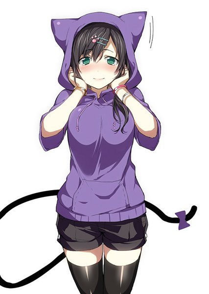 Anime picture 600x842 with original arisaka ako single long hair tall image looking at viewer blush fringe breasts black hair large breasts standing white background green eyes tail animal tail cat tail tears hands on face girl