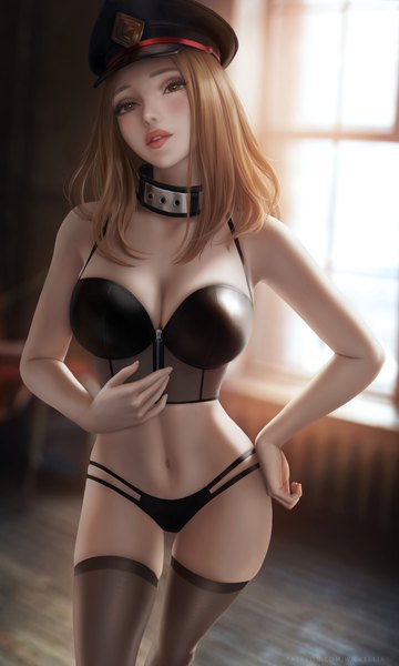 Anime picture 3900x6500 with boku no hero academia studio bones utsushimi kemii wickellia single long hair tall image blush highres breasts light erotic brown hair large breasts standing brown eyes signed looking away absurdres cleavage indoors