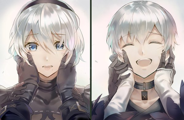Anime picture 1787x1164 with nier nier:automata yorha no. 2 type b yorha no. 9 type s qitoli looking at viewer fringe highres short hair open mouth blue eyes simple background smile hair between eyes white background silver hair eyes closed mole tears portrait