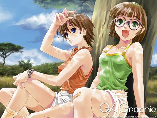 Anime picture 1024x768 with gagraphic maruto blush fringe short hair open mouth blue eyes smile hair between eyes brown hair sitting green eyes payot sky cloud (clouds) bent knee (knees) outdoors :d arm up hand on knee