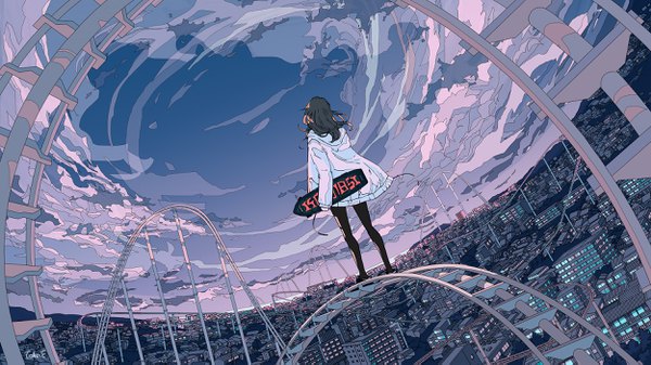 Anime picture 2500x1406 with original seraphitalg single long hair highres black hair wide image standing holding sky cloud (clouds) full body from behind city cityscape fisheye girl pantyhose jacket black pantyhose