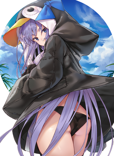 Anime picture 3390x4638 with fate (series) fate/grand order meltryllis (fate) meltryllis (swimsuit lancer) (fate) meltryllis (swimsuit lancer) (first ascension) (fate) black cola single tall image looking at viewer highres blue eyes light erotic absurdres sky purple hair cloud (clouds) ass very long hair from behind from below