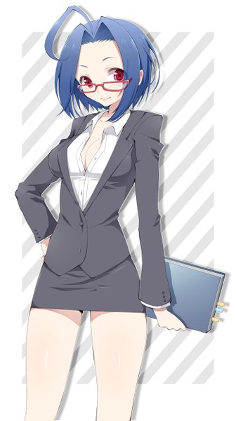 Anime picture 700x1250 with idolmaster idolmaster (classic) miura azusa hattori (junoct2000) single tall image looking at viewer short hair light erotic red eyes blue hair ahoge hand on hip open collar girl glasses suit