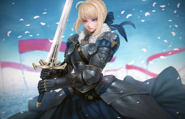 Anime picture 1920x1239 with fate (series) fate/stay night artoria pendragon (all) saber edward montenegro single fringe highres short hair blue eyes blonde hair payot looking away sky ahoge wind fighting stance girl ribbon (ribbons) weapon