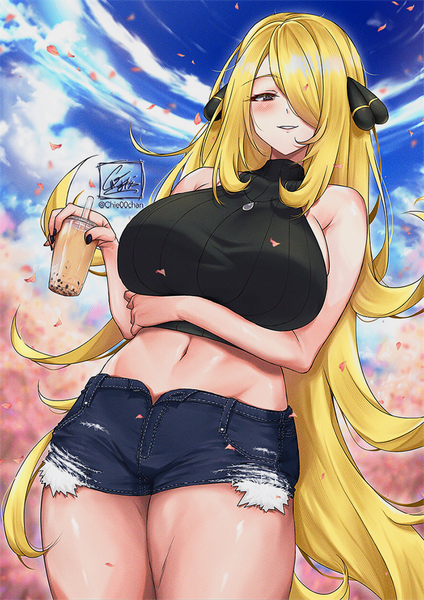 Anime picture 708x1002 with pokemon nintendo cynthia (pokemon) chie00chan single tall image looking at viewer blush fringe breasts light erotic blonde hair smile standing bare shoulders holding sky cloud (clouds) outdoors very long hair