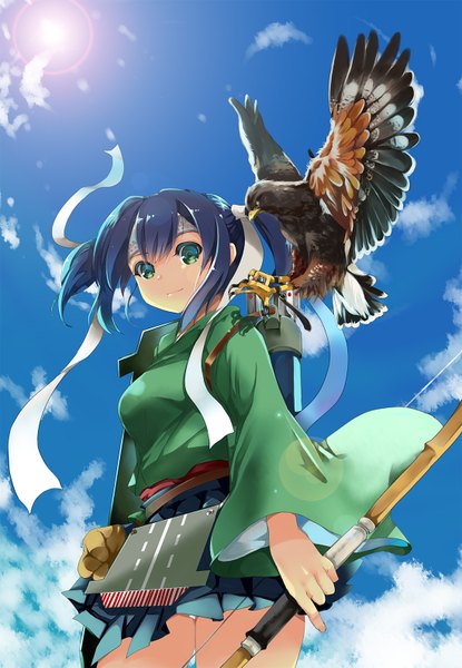 Anime picture 1098x1586 with kantai collection souryuu aircraft carrier gouda nagi single long hair tall image looking at viewer fringe twintails green eyes blue hair sky cloud (clouds) traditional clothes light smile from below girl weapon animal bird (birds)