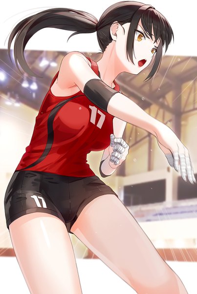 Anime picture 840x1250 with original kfr single long hair tall image fringe breasts open mouth black hair yellow eyes payot looking away ponytail indoors outstretched arm playing sports volleyball girl gloves elbow gloves