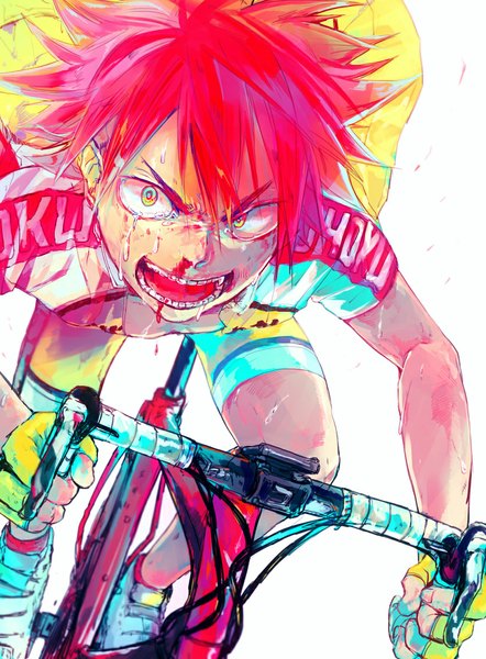 Anime-Bild 835x1133 mit yowamushi pedal naruko shoukichi shimamu single tall image looking at viewer short hair open mouth simple background white background red hair sweat tears saliva clothes writing multicolored eyes boy gloves uniform fingerless gloves